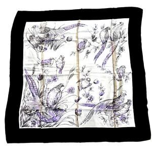 Vintage 1960's heavy silk blend scarf black purple & gray birds flowers square